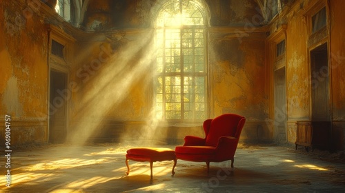 A Sunlit Red Chair and Ottoman in an Abandoned Room