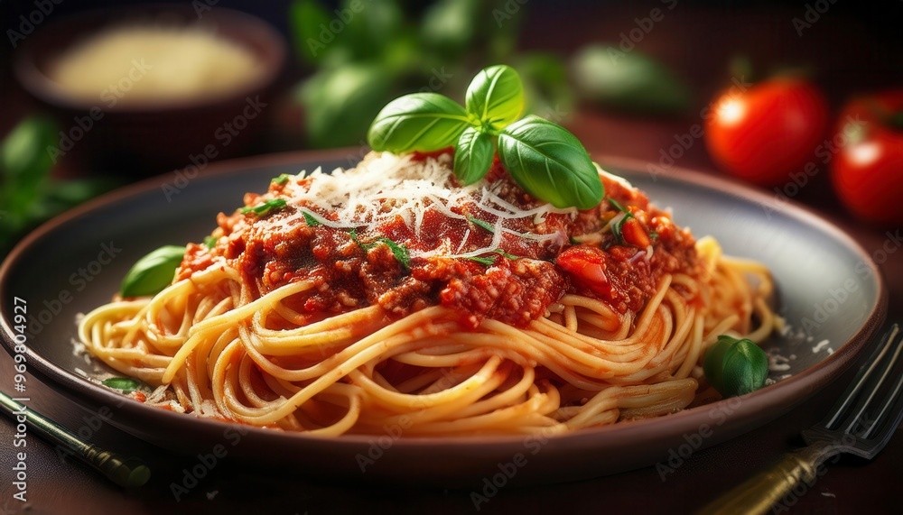Spaghetti with bolognese sauce and Parmesan cheese. Generated image Spaghetti with bolognese sauce and Parmesan cheese. Generated image
