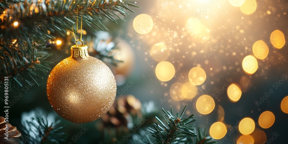 Close-up of a sparkling golden ornament hanging on a snow-dusted Christmas tree, illuminated by soft festive lights in the background. Warm and cozy holiday ambiance Close-up of a sparkling golden ornament hanging on a snow-dusted Christmas tree, illuminated by soft festive lights in the background. Warm and cozy holiday ambiance
