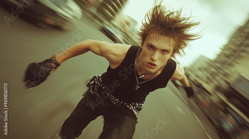 A rebellious young man sprints through the city streets, his wild hair and intense expression captured in dynamic motion, embodying energy and urban grit. photo