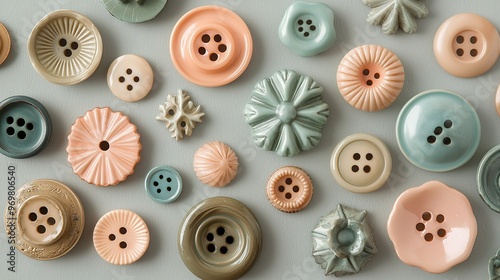  A group of buttons arranged atop a white tablecloth beside the table