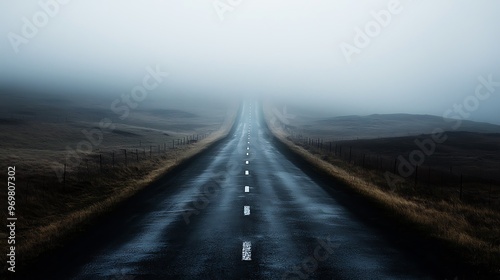 An empty road disappears into the fog, the landscape veiled in soft mystery.