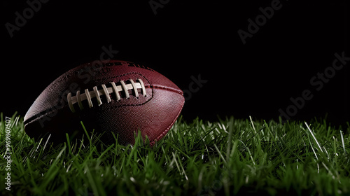 American football on green grass, on black background