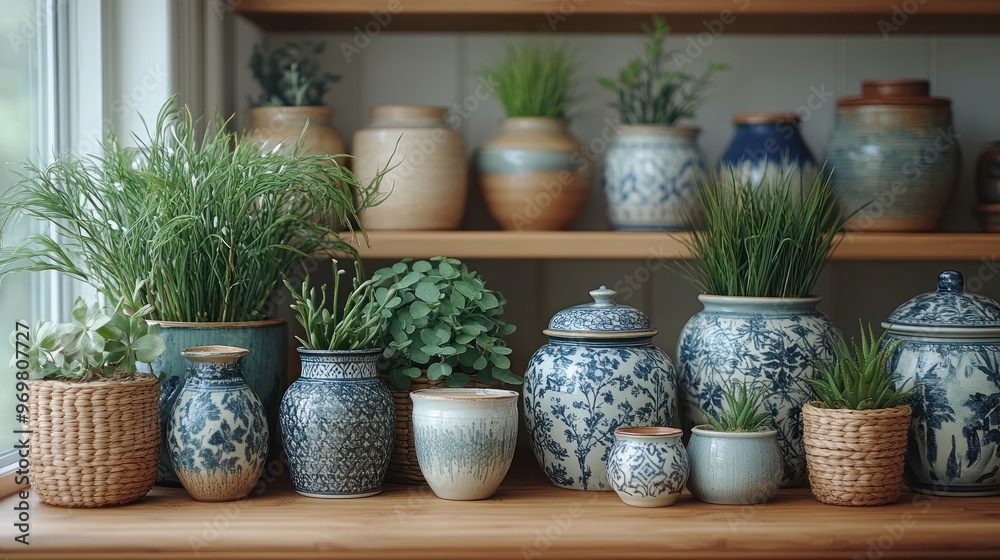 Fototapeta premium Assorted potted plants and ceramic vases on wooden shelves