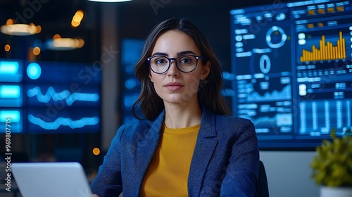 A confident businesswoman stands before data screens, her sharp gaze fixed on progress.