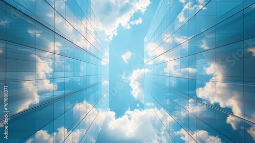 urban architecture, modern interconnected office buildings with reflective cloud pattern, forming abstract design in downtown area for modern enterprises photo