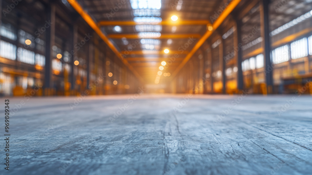 Obraz premium Large empty warehouse with industrial lighting.