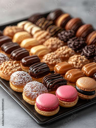 Assorted pastries and macarons on a black tray.