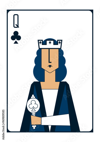 Simple geometric vector image of the queen of clubs holding a mirror in her hand in dark blue and white colours 
