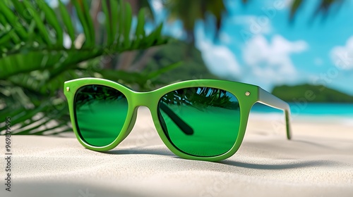 Green sunglasses lie on tropical beach sand, a perfect companion for sunny days. photo