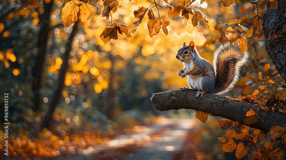 Fototapeta premium A squirrel perched high atop a tree branch amidst an orange and yellow forest foliage