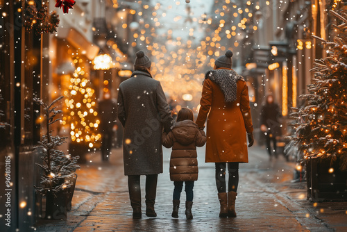 a family strolling along a street with Christmas decorations