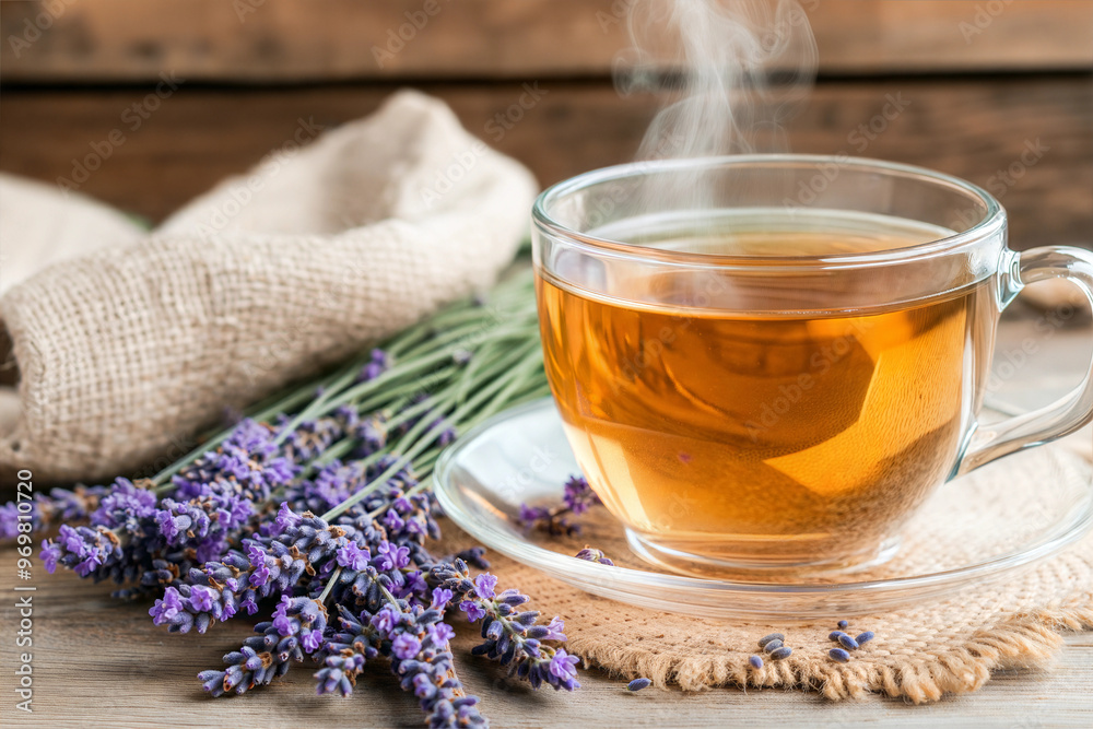 Aromatic lavender tea served in a transparent glass cup surrounded by fresh lavender sprigs Aromatic lavender tea served in a transparent glass cup surrounded by fresh lavender sprigs