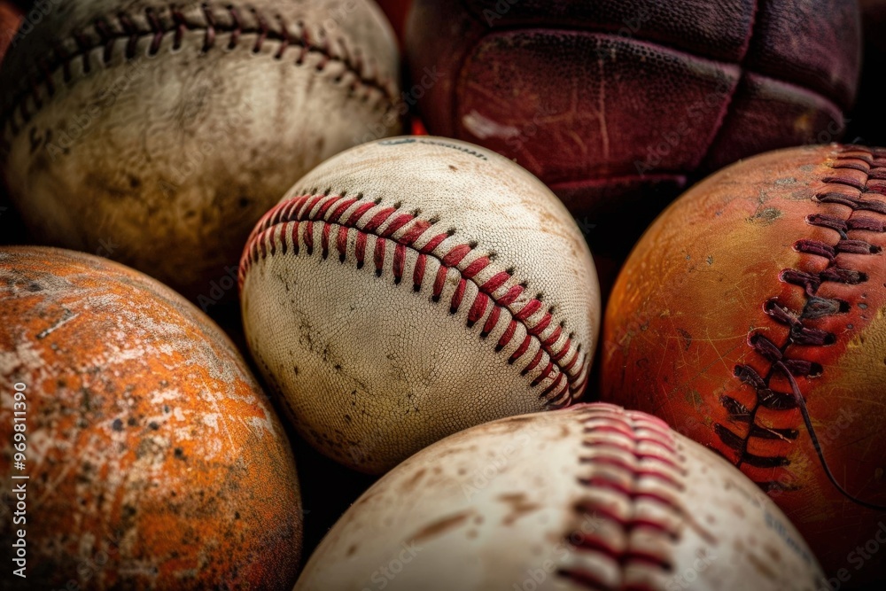 Close-up of an old, worn-out baseball with leather seams and red stitching, highlighting the texture and character of a well-used ball.. Beautiful simple AI generated image Close-up of an old, worn-out baseball with leather seams and red stitching, highlighting the texture and character of a well-used ball.. Beautiful simple AI generated image