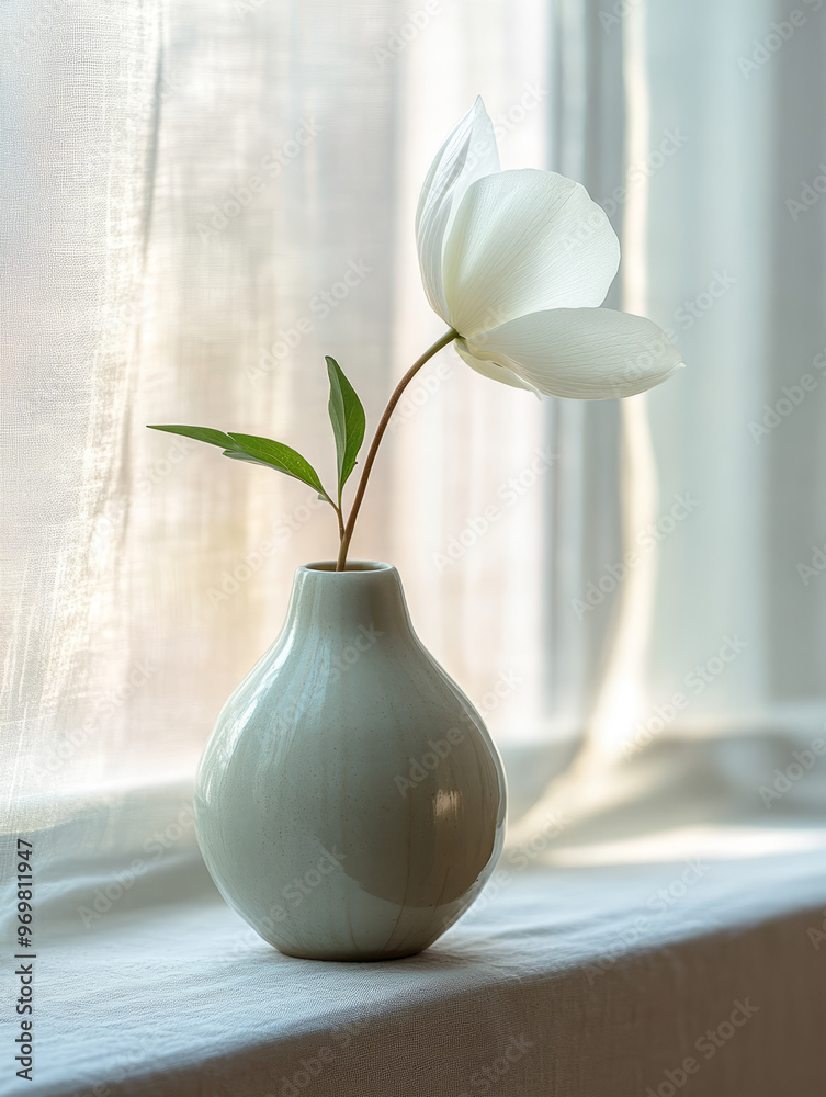White flower in a ceramic vase by a sunlit window White flower in a ceramic vase by a sunlit window