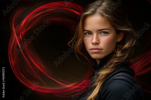 Optogenetics neuroprosthetics prefrontal cortex neuroaesthetics and neuromechanics woman enveloped by swirling red light symbolizing energy and emotion