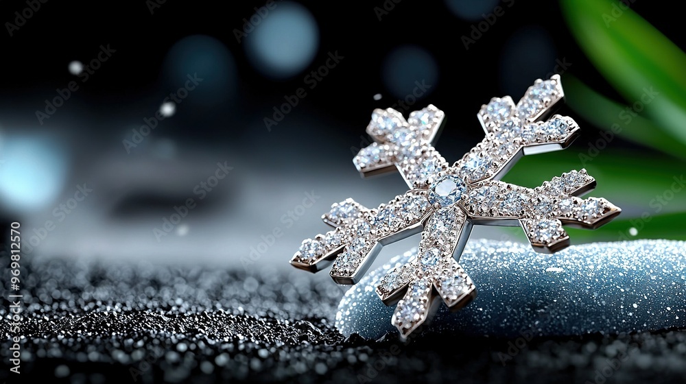   A snowflake brooch close-up on black with a green plant background