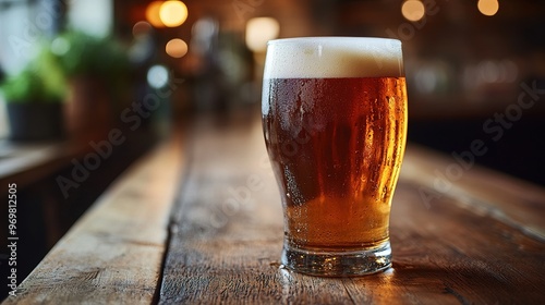 Glass of frothy amber beer on rustic table