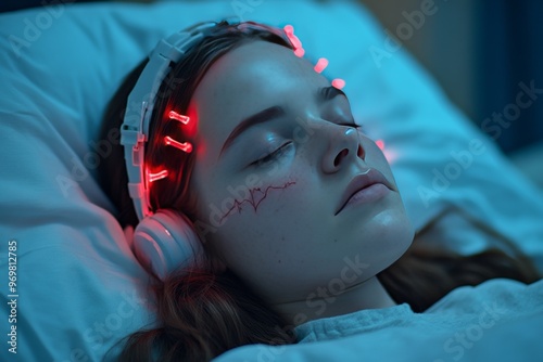 Deep learning prefrontal cortex neuroaesthetics quantum computing and somatosensory girl wearing futuristic neural headgear resting in a serene environment photo