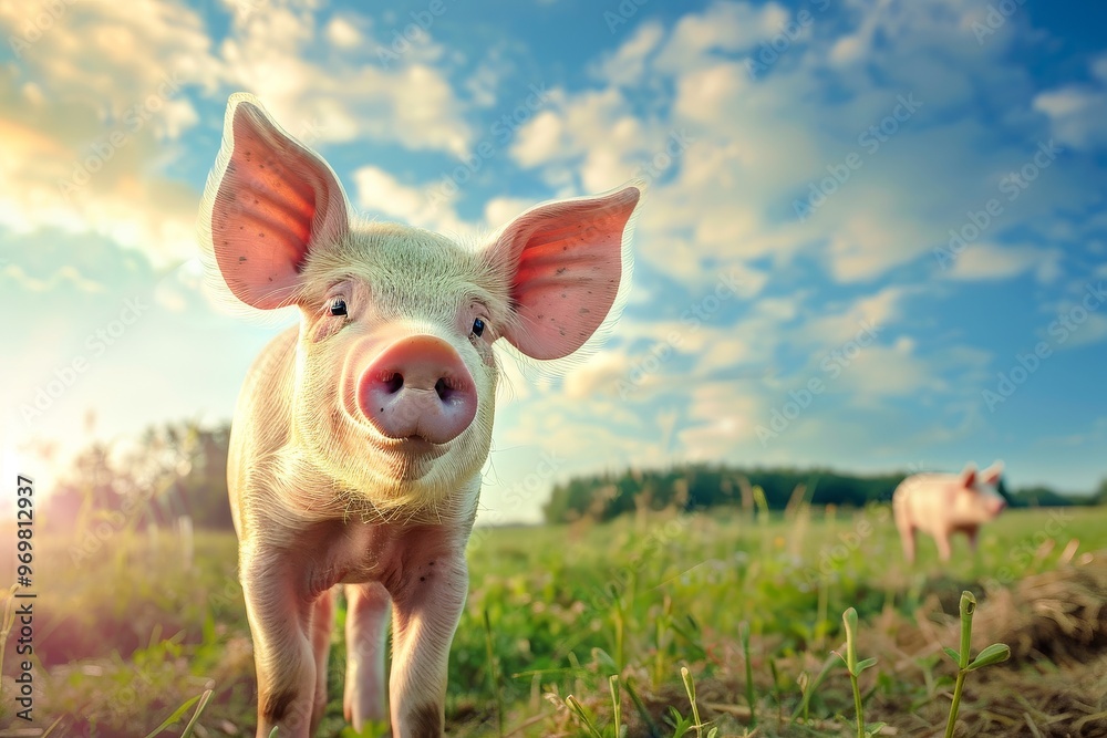 Pig explores a sunny pasture under a blue sky with fluffy clouds in the countryside. Place for text Pig explores a sunny pasture under a blue sky with fluffy clouds in the countryside. Place for text