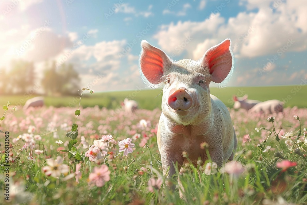 Fototapeta premium Pig enjoys a sunny day among colorful wildflowers in a lush green field. Copy space