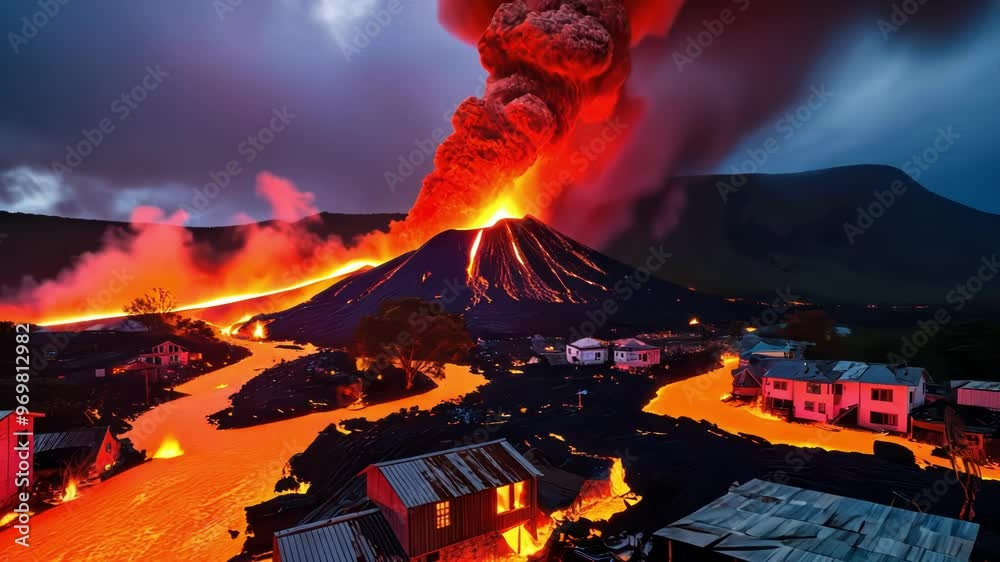 A dramatic volcanic eruption spews lava and ash, threatening nearby homes, showcasing nature's raw power and beauty