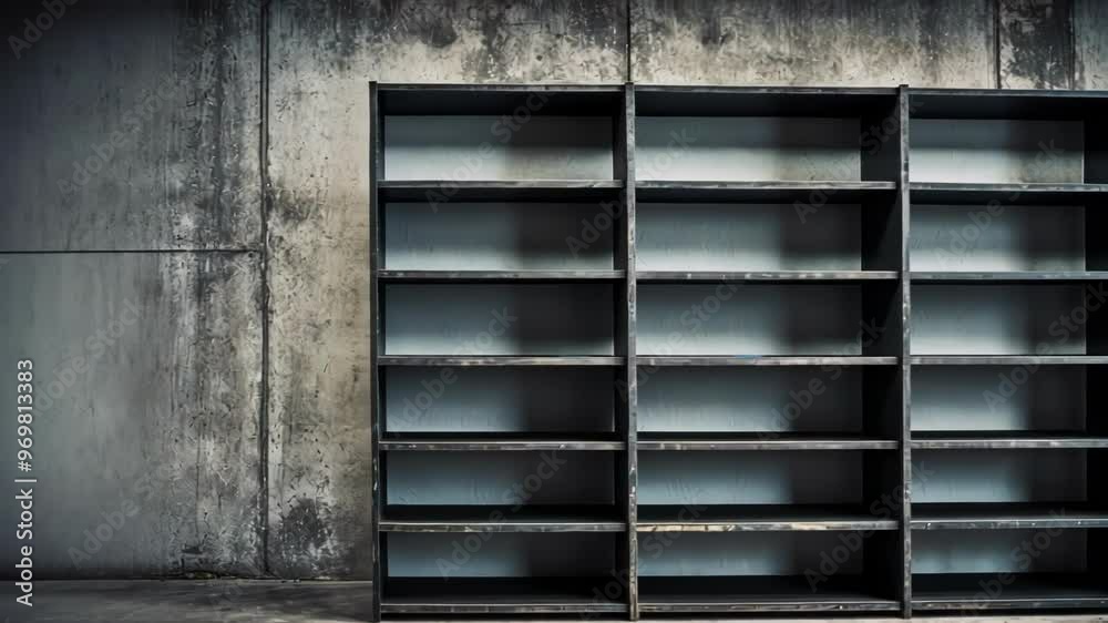 An empty industrial style shelving unit against a concrete wall, showcasing minimalist design and a clean aesthetic An empty industrial style shelving unit against a concrete wall, showcasing minimalist design and a clean aesthetic