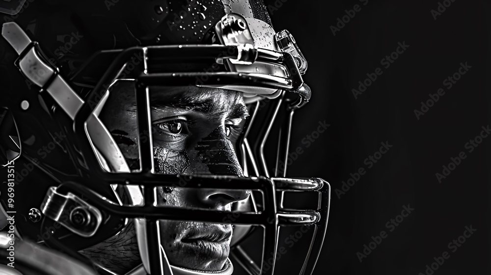 American football player in a helmet against a dark background, in black and white. Ideal for sports wallpaper. American football player in a helmet against a dark background, in black and white. Ideal for sports wallpaper.