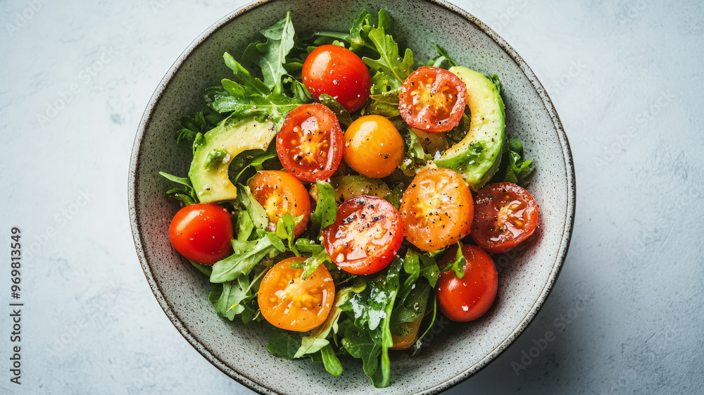 Fresh salad with mixed greens, tomatoes, and avocado in a bowl. Fresh salad with mixed greens, tomatoes, and avocado in a bowl.
