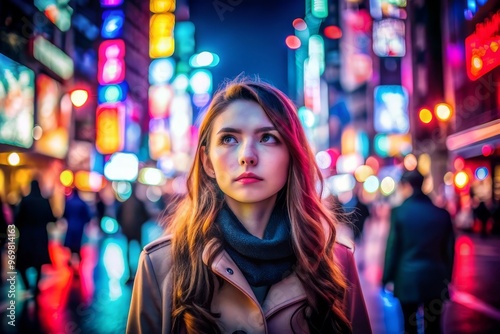 Portrait of attractive young excited woman smiling happy to be in urban cinematic environment. Charming beautiful woman walking down streets of modern city with neon lights at night.
