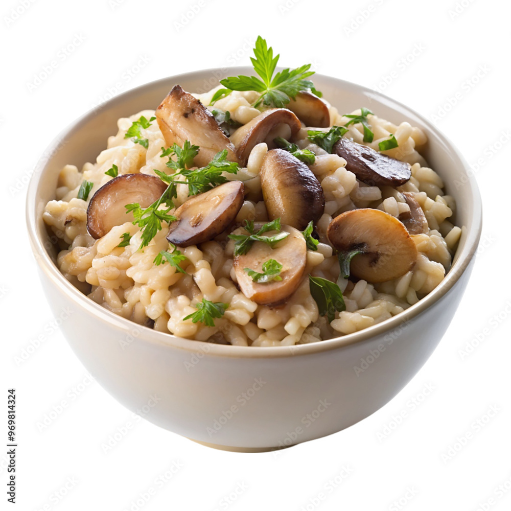 A bowl of wild mushroom risotto isolated on transparent background. A bowl of wild mushroom risotto isolated on transparent background.