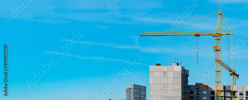 Cuadro en lienzo Building site, construction industry business, crane, house and sky, banner background