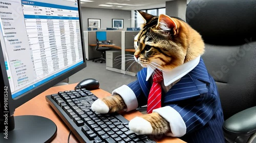 Cat in a Suit Working at an Office