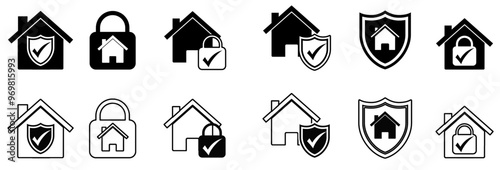 Home security line icons. Home or residential protection icon symbol. Security, protection, safe house. Shield, padlock, check mark, real estate, padlock icon symbol