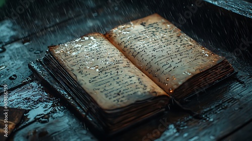 An old, mystical diary, its pages wet with raindrops, tells stories long forgotten. photo