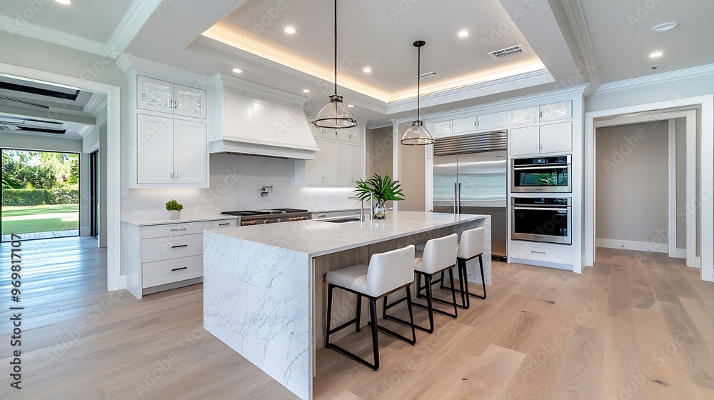 A kitchen island with a marble countertop contrasts beautifully with crisp white cabinets. A kitchen island with a marble countertop contrasts beautifully with crisp white cabinets.