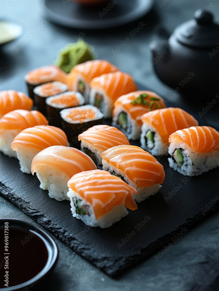 Assorted sushi platter with nigiri and maki on a slate board. Assorted sushi platter with nigiri and maki on a slate board.