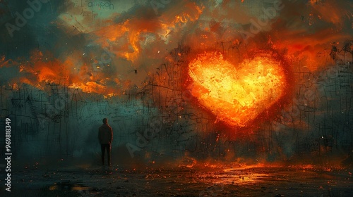 A Man Gazing at a Burning Heart: A Surreal Vision of Hope