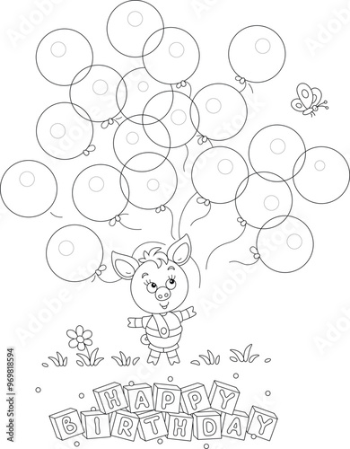 Happy birthday card with a funny cartoony little piglet playing with holiday toy balloons and merry butterfly on a summer lawn, black and white vector cartoon illustration for a coloring book