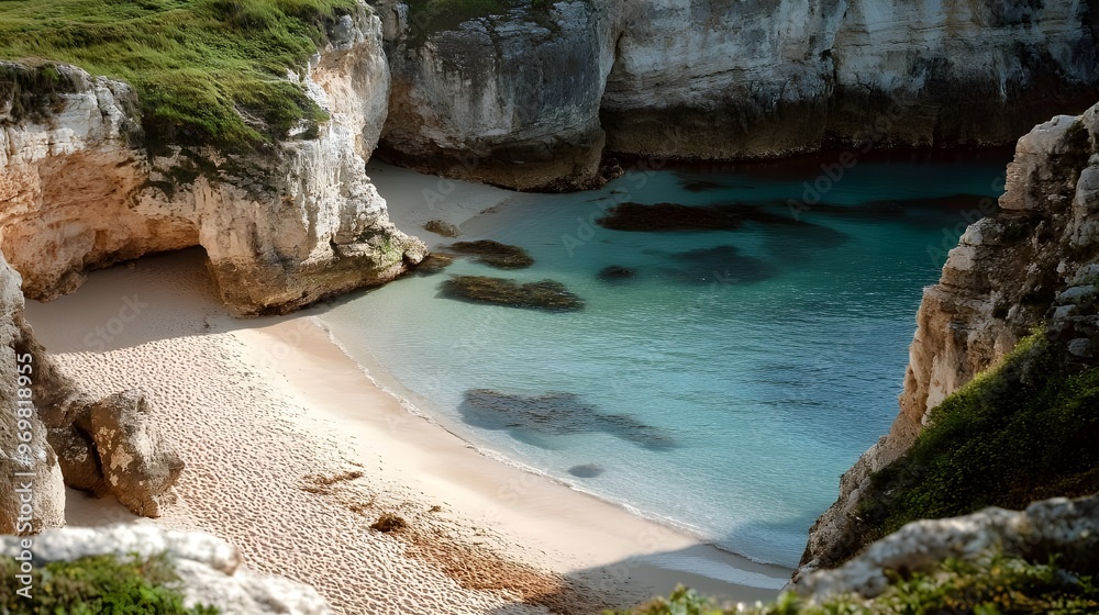 Fototapeta premium A serene stock photo of a secluded beach cove with rugged cliffs surrounding the sandy shore.