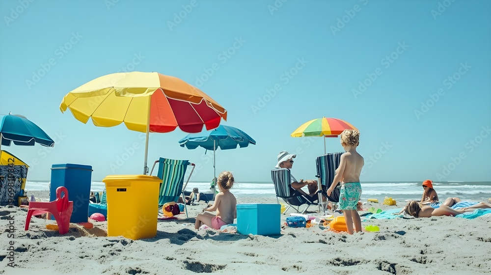Naklejka premium A lively stock photo of a family enjoying a day at the beach.