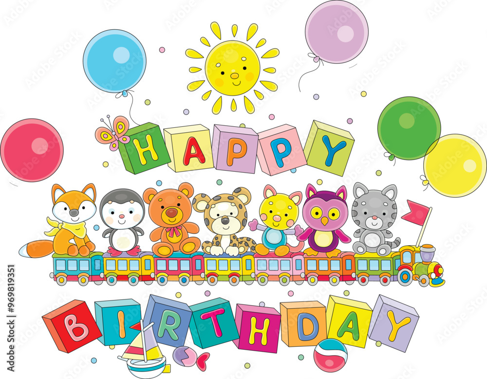 Fototapeta premium Happy birthday card with a small toy train, funny baby animals, sweets, holiday balloons and colorful baby cubes with letters, vector cartoon illustration on a white background