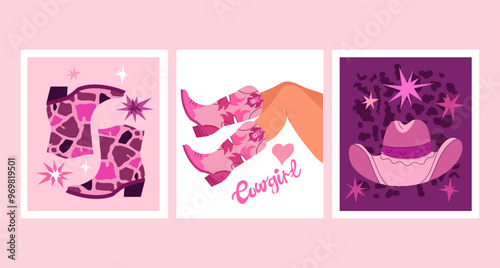 Cowgirl boots with different patterns. Pink hand drawn fashion staple. Cowboy western and Wild West retro vintage Vector illustration	
