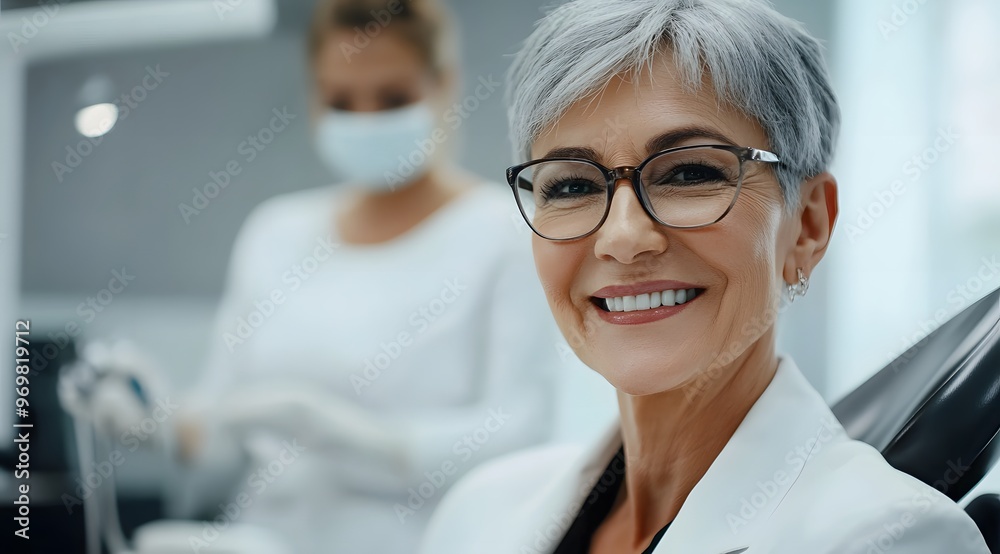 Close-up portrait of a senior woman with gray hair sitting on a dental chair Close-up portrait of a senior woman with gray hair sitting on a dental chair