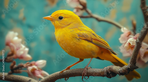 Bright Mustard Yellow Bird Perched on Flowering Tree Branch Against Teal Background, Capturing Nature's Elegance and Beauty photo