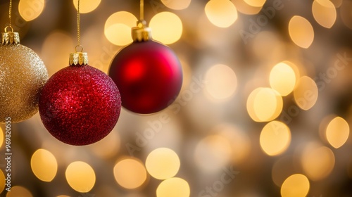 Christmas ornaments with bokeh lights, festive