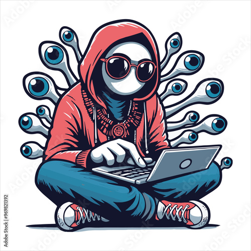 Vector of a boy using a laptop with multiple owl eyes illustration photo