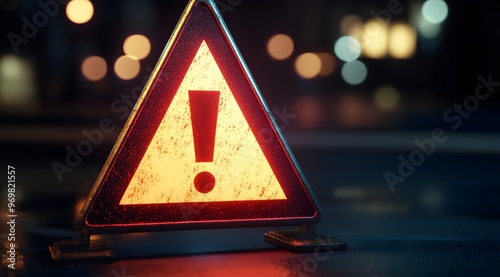 3D rendering of a triangular warning sign with an exclamation mark on a dark background