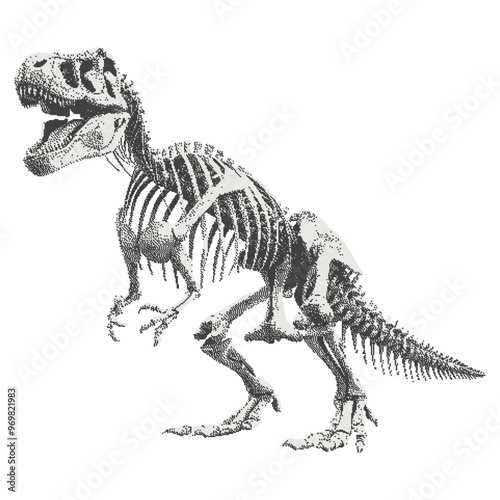 Halftone dinosaur skeleton. Contemporary collage element in a gothic grunge style. Monochrome y2k photocopy dotted graphic for vintage poster, t-shirt. 