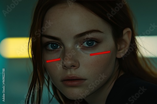 Bioinformatics prefrontal cortex cognitive neuroscience neuroaesthetics and pattern recognition woman with glowing red facial lines in a futuristic setting evoking mystery photo